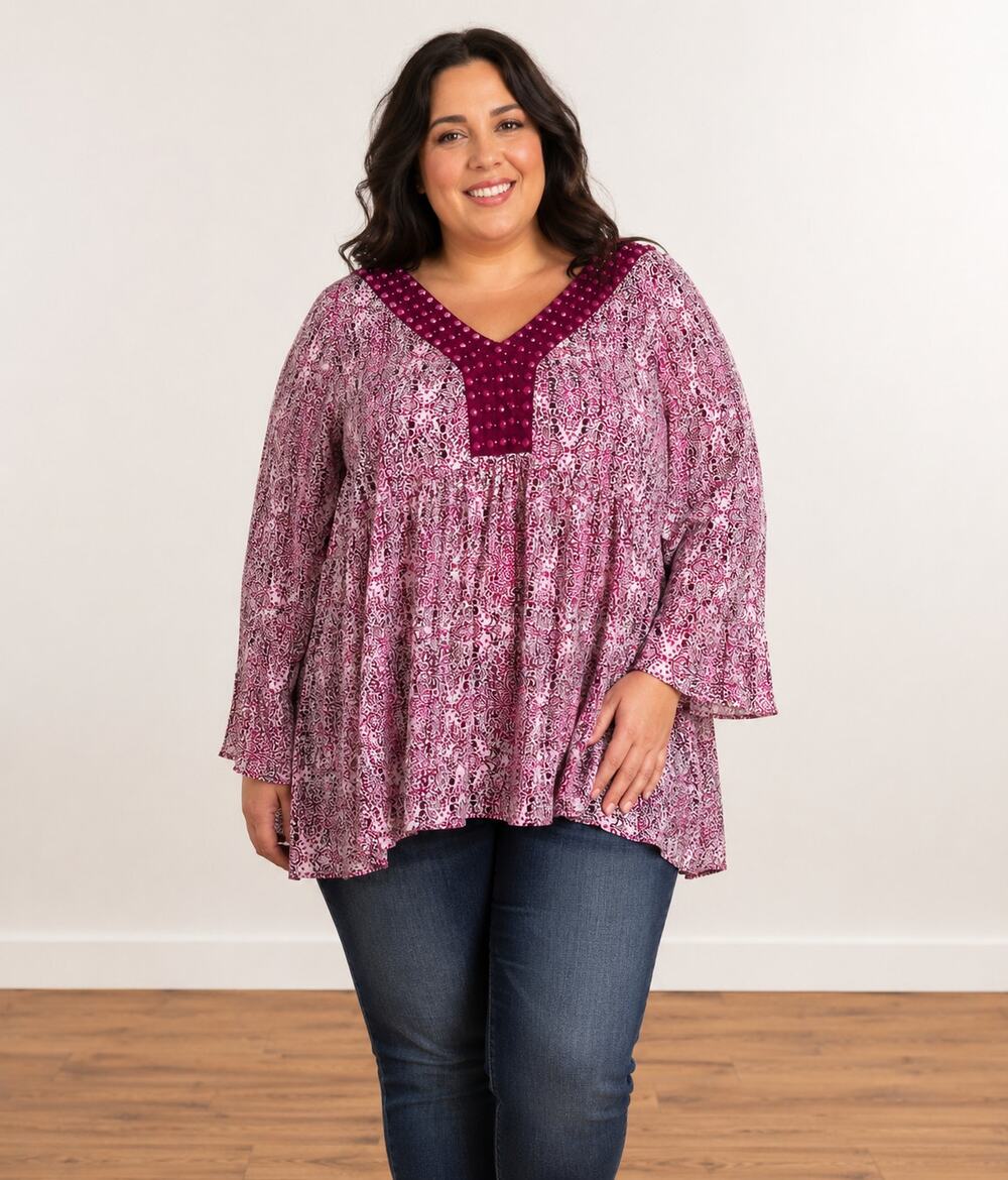 Woman Within 3XL Purple Pink Floral Pleated Tunic Top Boho Beaded V Neck